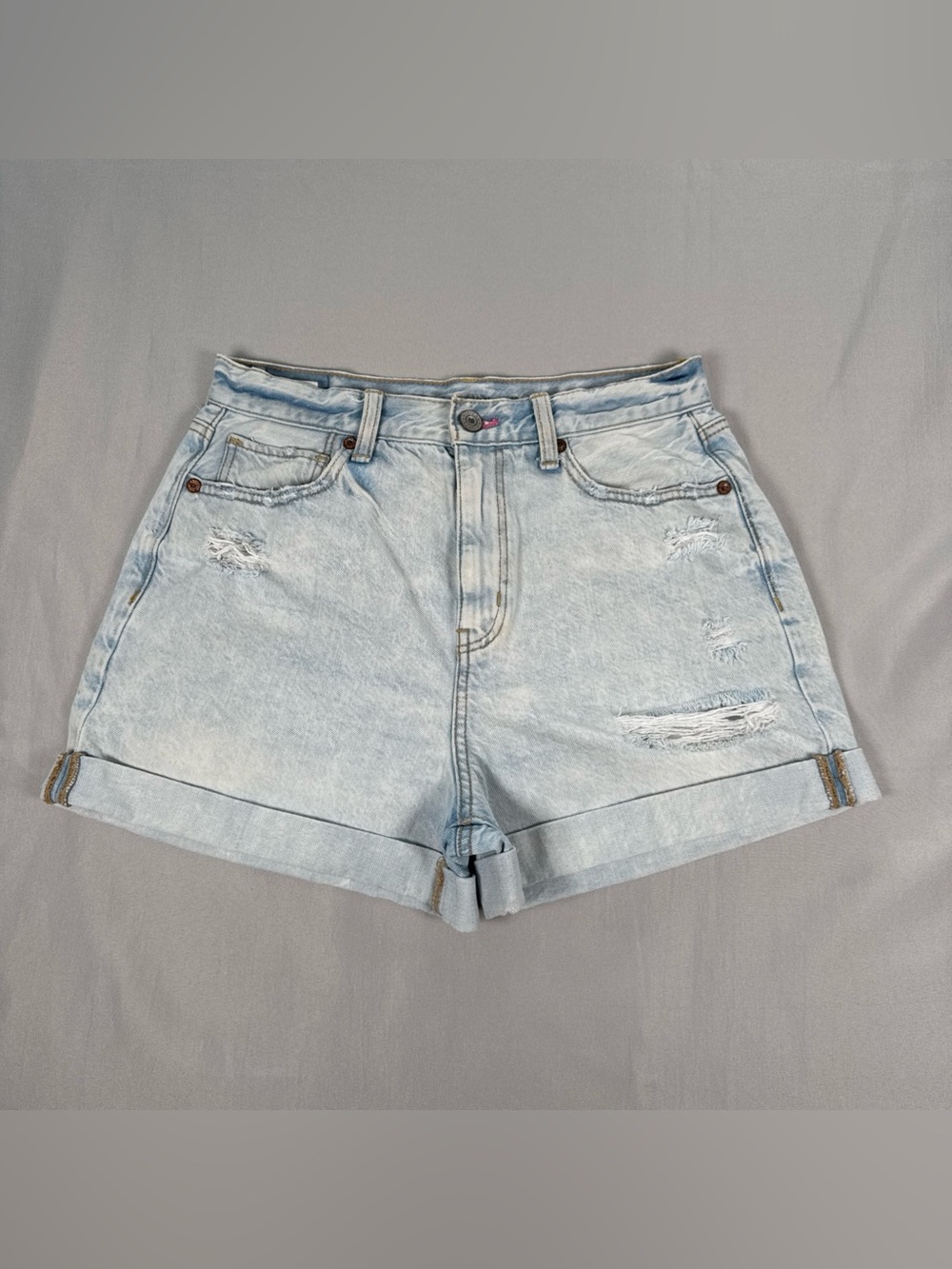 American Eagle Mom Jean Shorts Women 2 Light Wash Distress Denim Rainbow Pocket